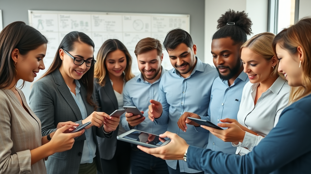 Group of business professionals testing a mobile app prototype on tablets and smartphones, gathering feedback to shape the minimum viable product during the software development process