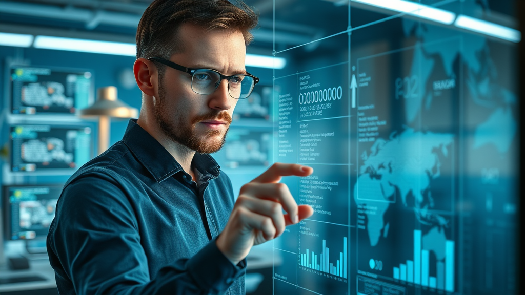 Software engineer reviewing a digital proof of concept on a holographic screen, demonstrating feasibility for new technology and software development projects