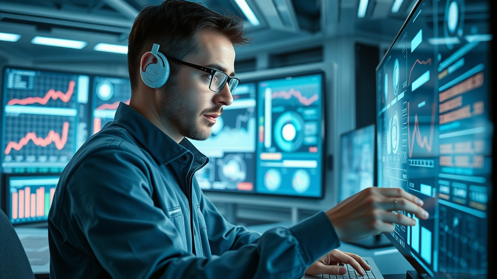 Futuristic context engineer optimizing data for AI systems with transparent screens and holograms