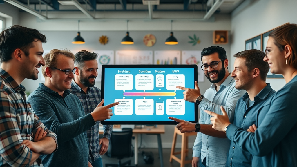 Startup team demonstrating the journey from proof of concept to prototype to MVP for a unique mobile app feature, showcasing dynamic collaboration in a modern workspace