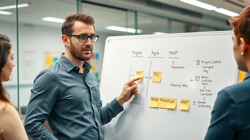 Project manager explaining an agile workflow illustrating proof of concept, prototype, and MVP phases in a software development context