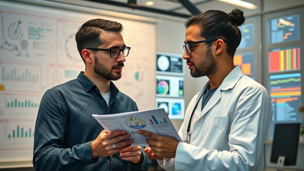 AI designer and data scientist collaborating on creative and precise LLM app solutions