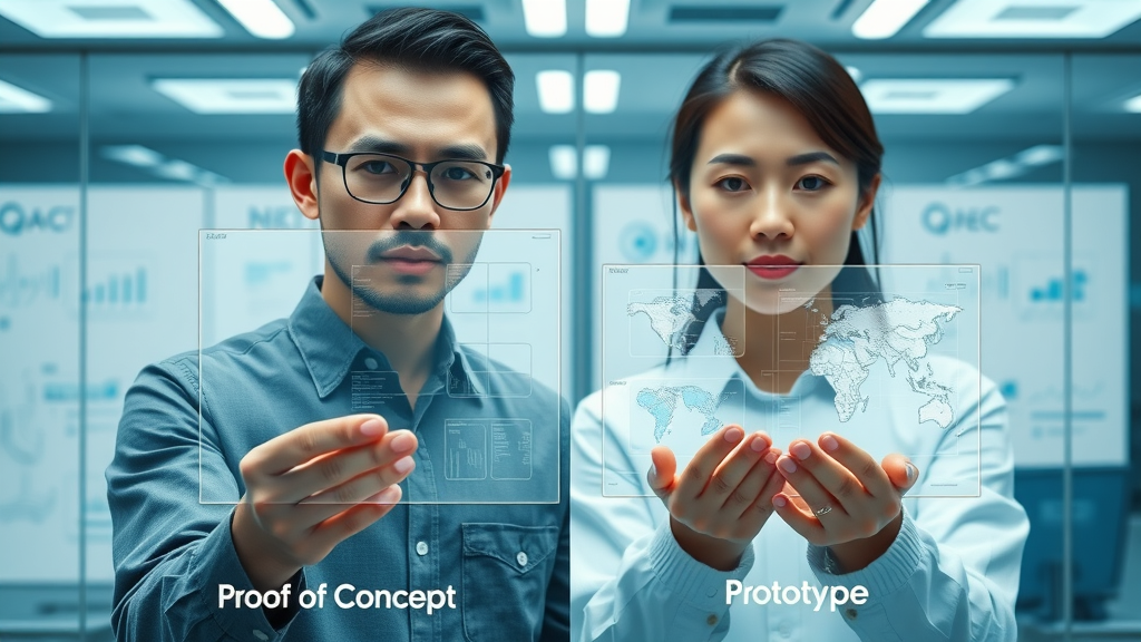 Side-by-side display comparing a digital proof of concept with a detailed prototype in a high-tech lab, highlighting the differences in product validation for modern innovators and software development