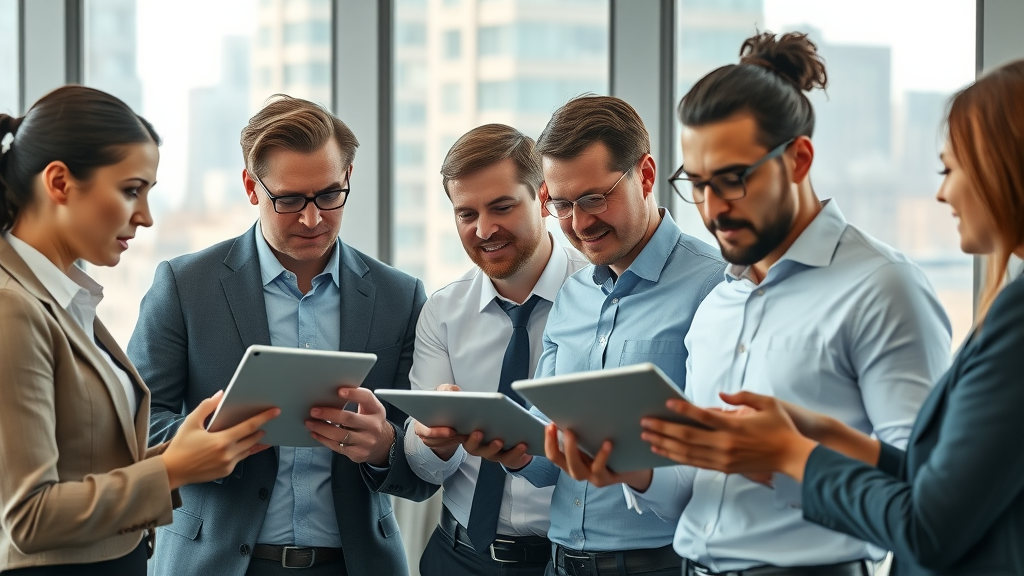 Professional business setting, diverse group of business analysts and engineers collaborating over digital tablets discussing financial data, BFSI domain expertise team meeting modern office cityscape