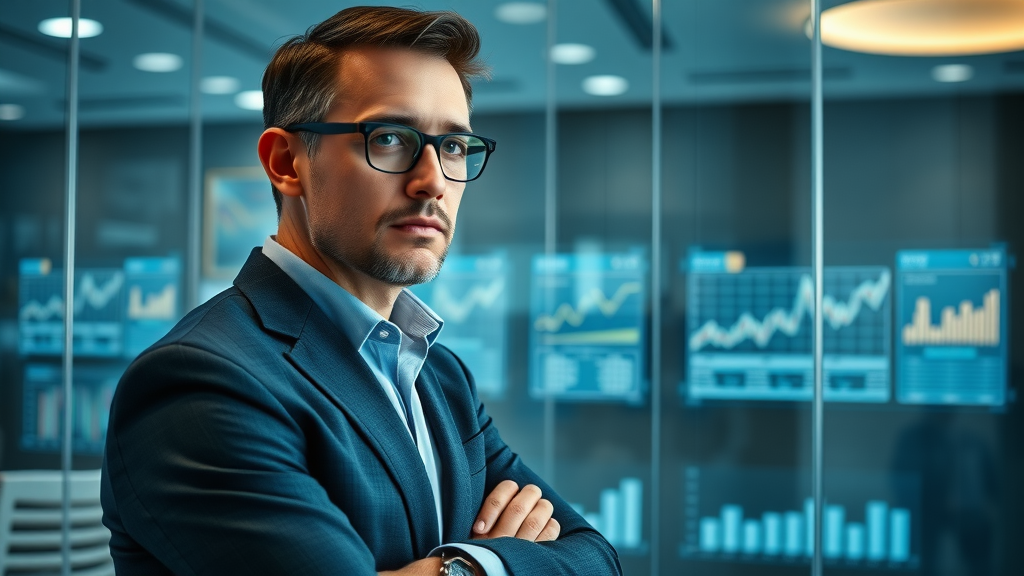 Confident financial business analyst reviewing project flowcharts on glass wall, BFSI domain expertise in business analysis project delivery