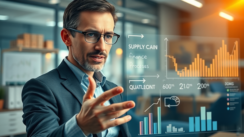 Focused consultant mapping supply chain and finance processes on transparent board, BFSI and supply chain domain expertise for project success