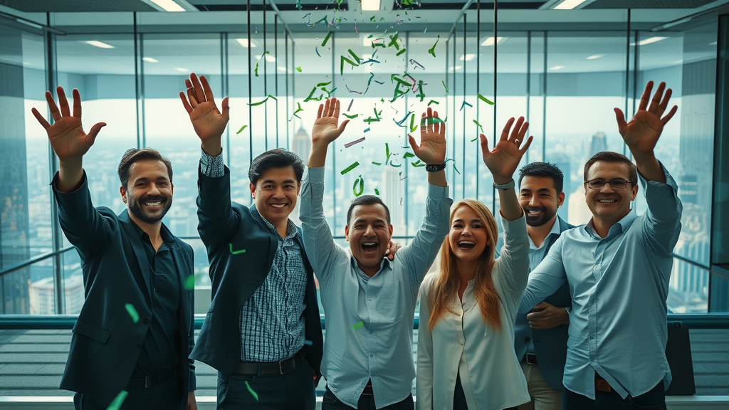 Triumphant project team celebrating project success in BFSI context, BFSI domain expertise for project delivery success